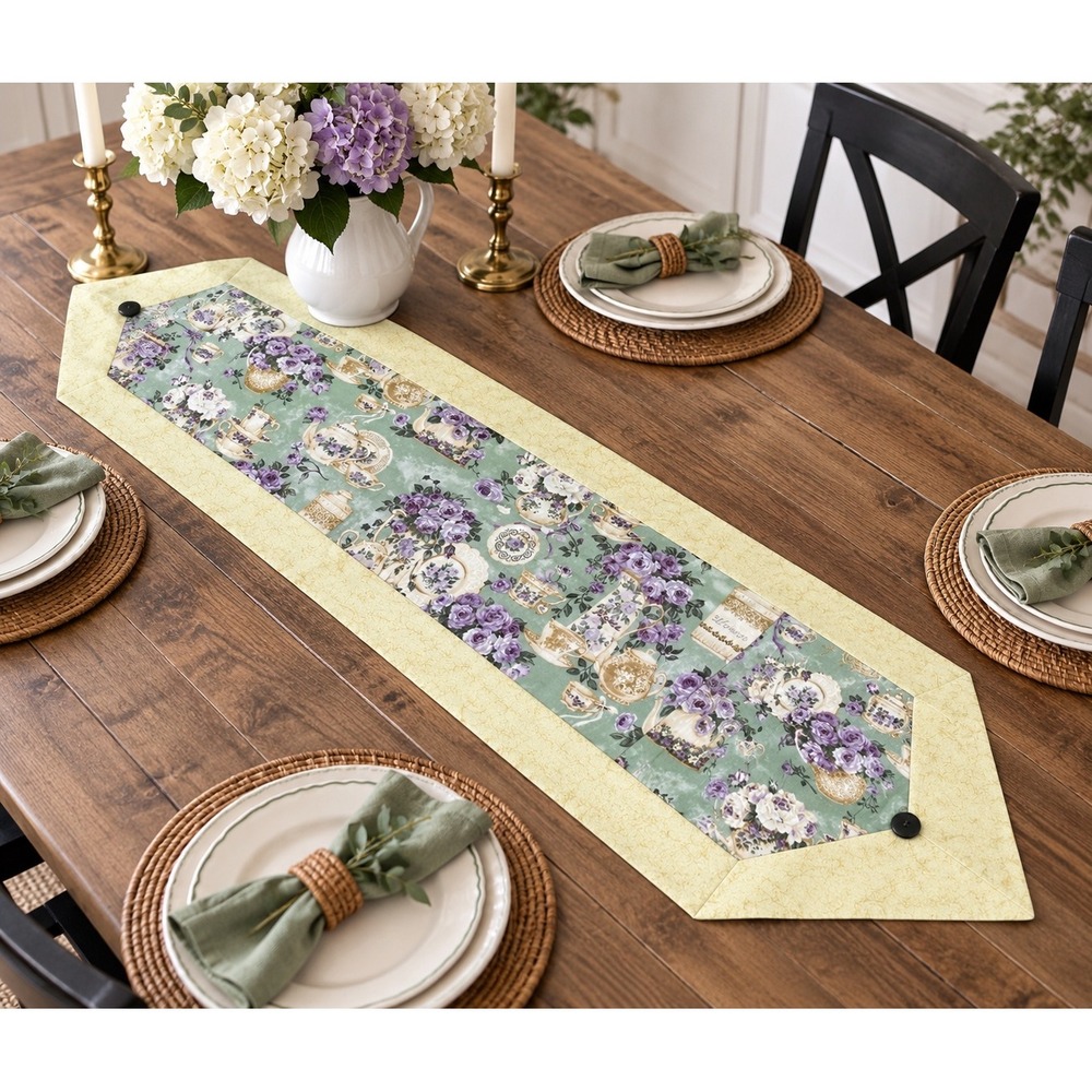 Tea Party Table Runner Teapot Teacup Purple Roses Floral Sage Green 36" Cottage